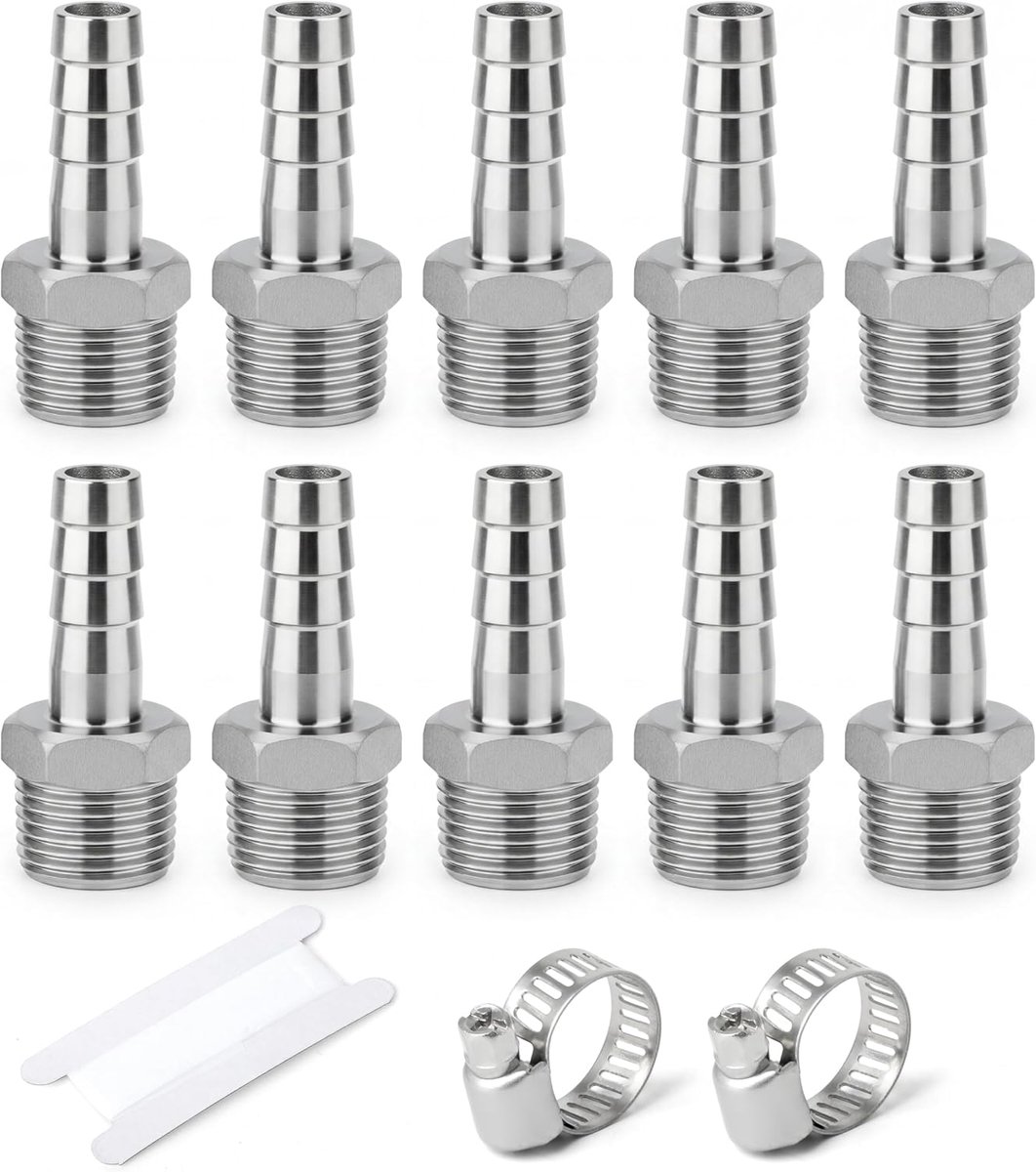 10 Stuks Slangtang-Klemkoppeling, 10 mm Slangtang Naar 1/4" BSP-Buitendraad, 304 Roestvrij Staal Voor Water, Industrieel