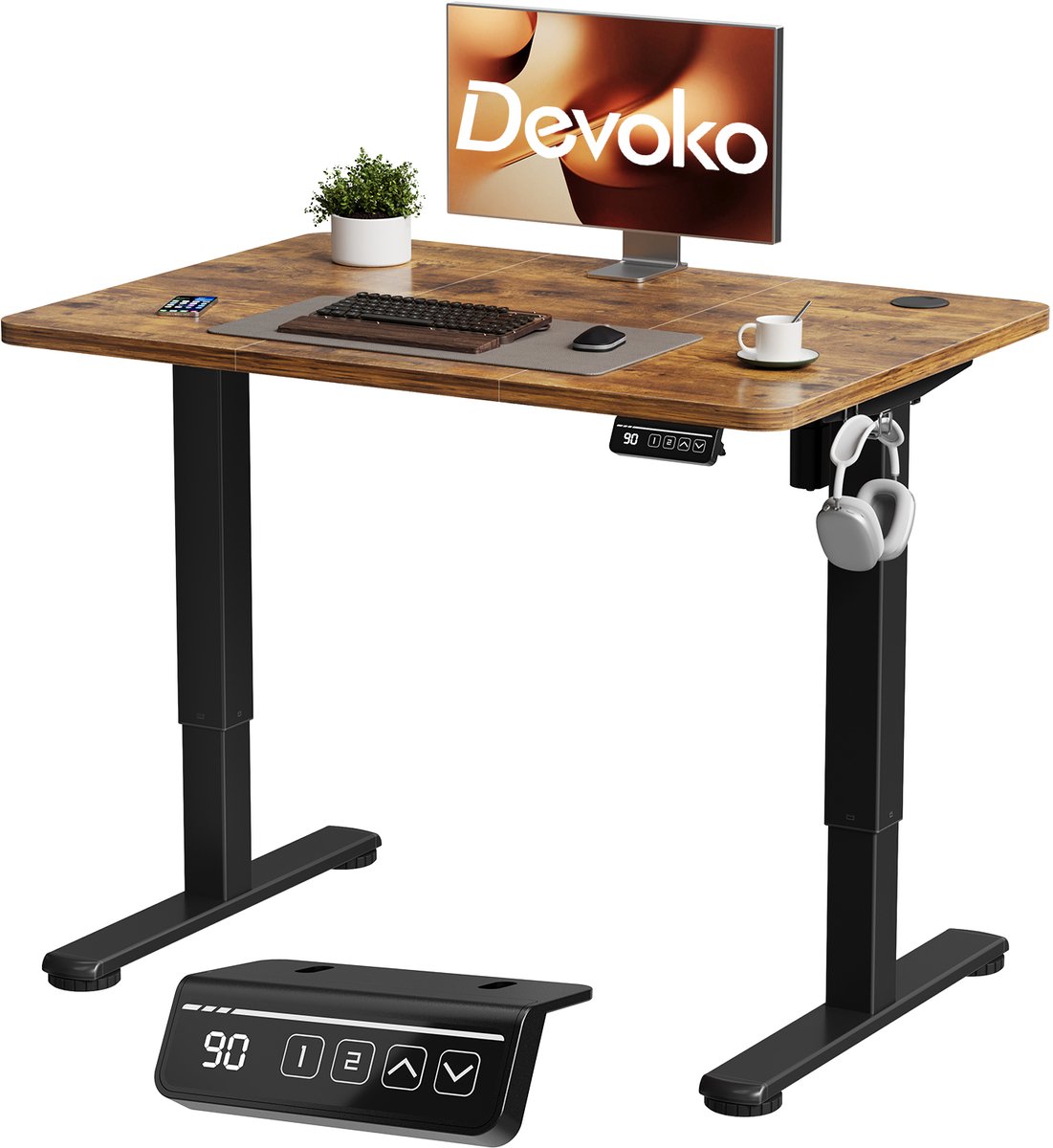 Devoko Elektrisch Verstelbaar Bureau 100x60 cm – Stille Motor met Geheugenfunctie – 4 Knoppen Handbediening – Compact Bureau – Bruin