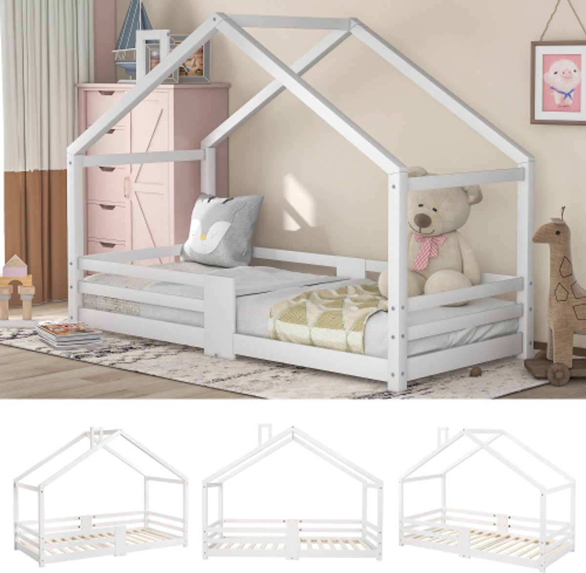 Huisbed van grenenhout 90x200 cm met schoorsteen, valbeveiliging en stevige lattenbodems – wit-zonder matras