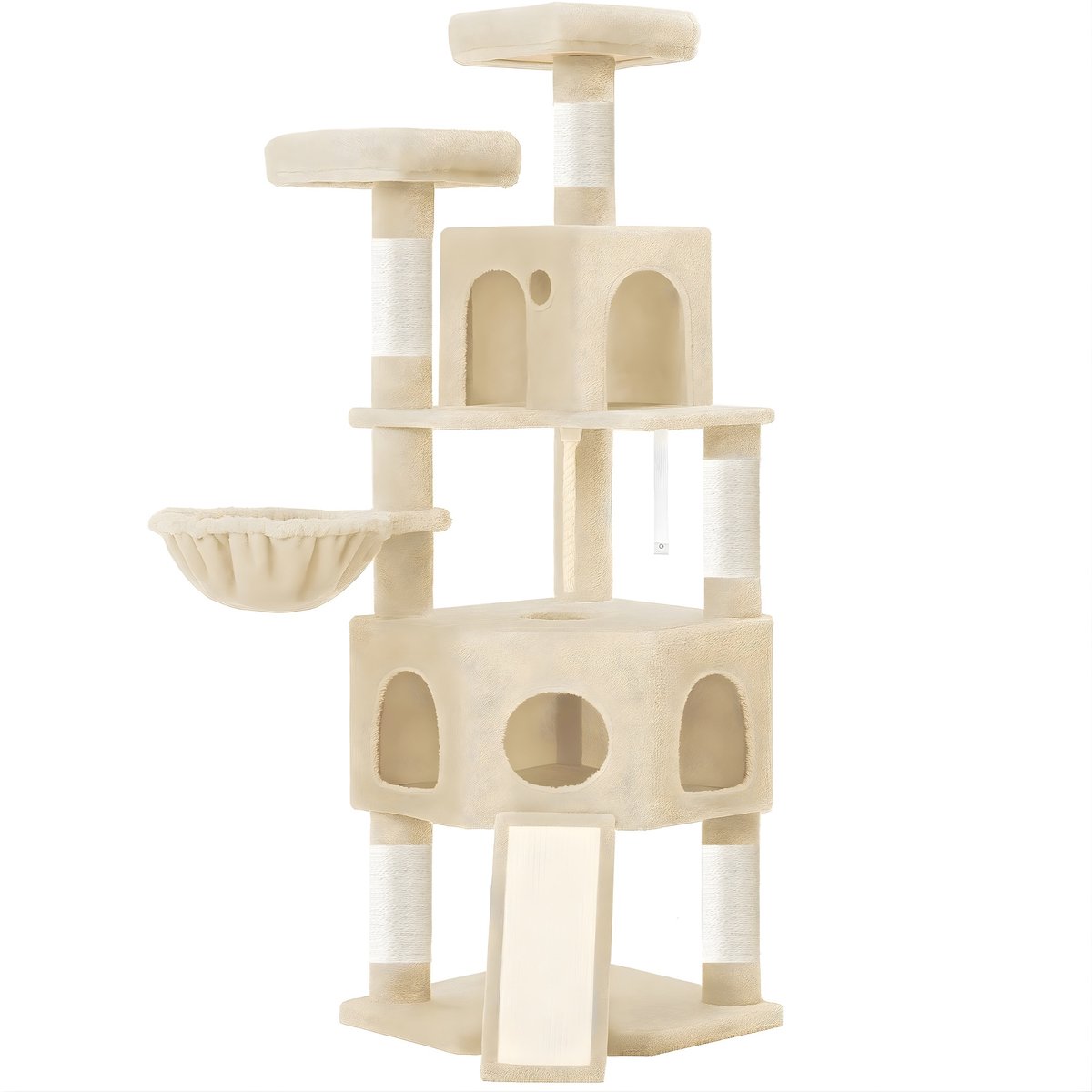 Kattenboom – Voor Binnenkatten – 174 cm XL Kattenboom met 2 Platforms, 2 Holletjes, 4 Krabpalen, 1 Krabplank en Sisaltouw – Voor Meerdere Katten – Beige