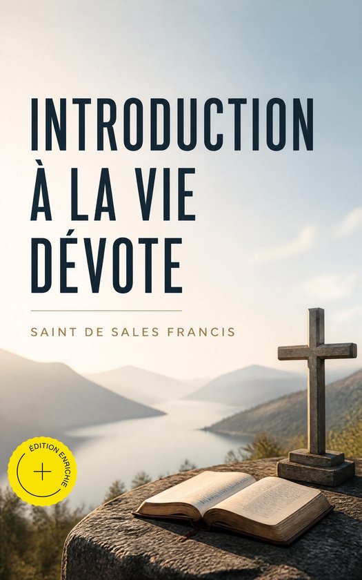 Livre 'Introduction à la vie dévote' de Saint de Sales Francis, avec une croix et un livre ouvert sur un rocher. Titre en lettres sombres.