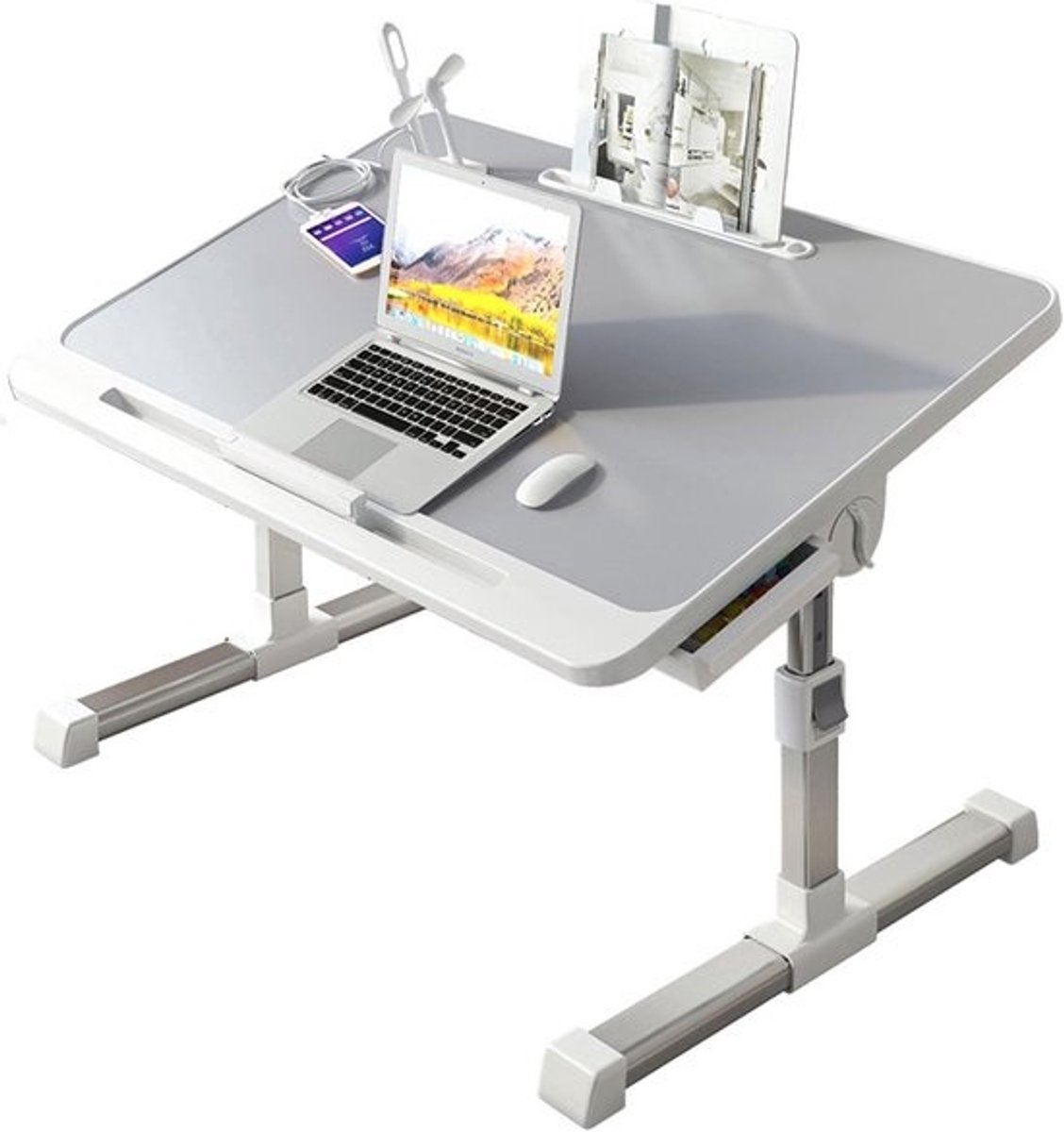 Verstelbaar Laptopbureau - Bedtafel Schootbureau - Werken en Lezen - Inclusief Opbergvakken - 60x40 cm - Grijs