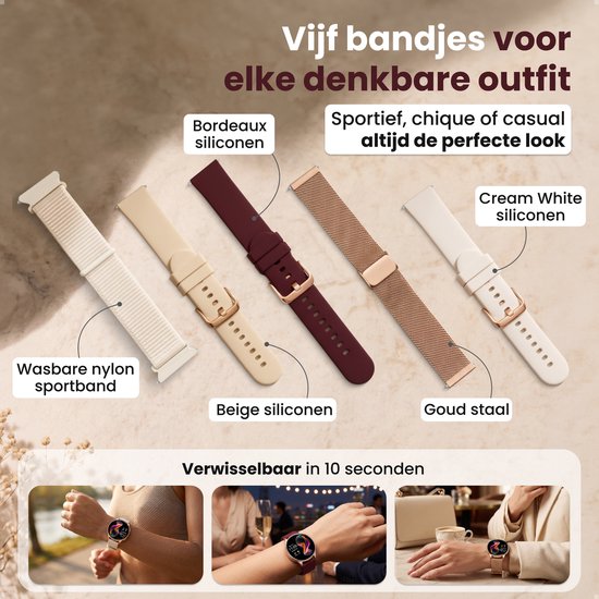 Vier verwisselbare bandjes voor een smartwatch: wasbaar nylon, beige siliconen, bordeaux siliconen en goudkleurig staal.