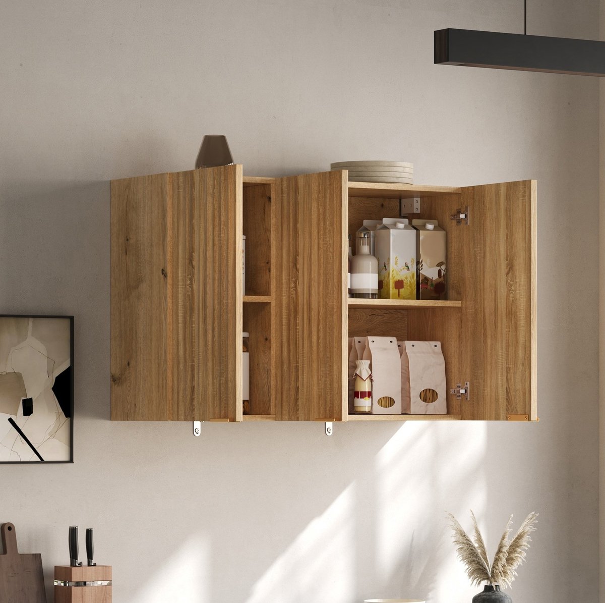 DESMIU Keukenkast - Wandkast Met 3 Deuren En Gesloten Opbergruimte - Voor Keuken Badkamer En Wasruimte - MDF - Naturel - 90x29x60 Cm