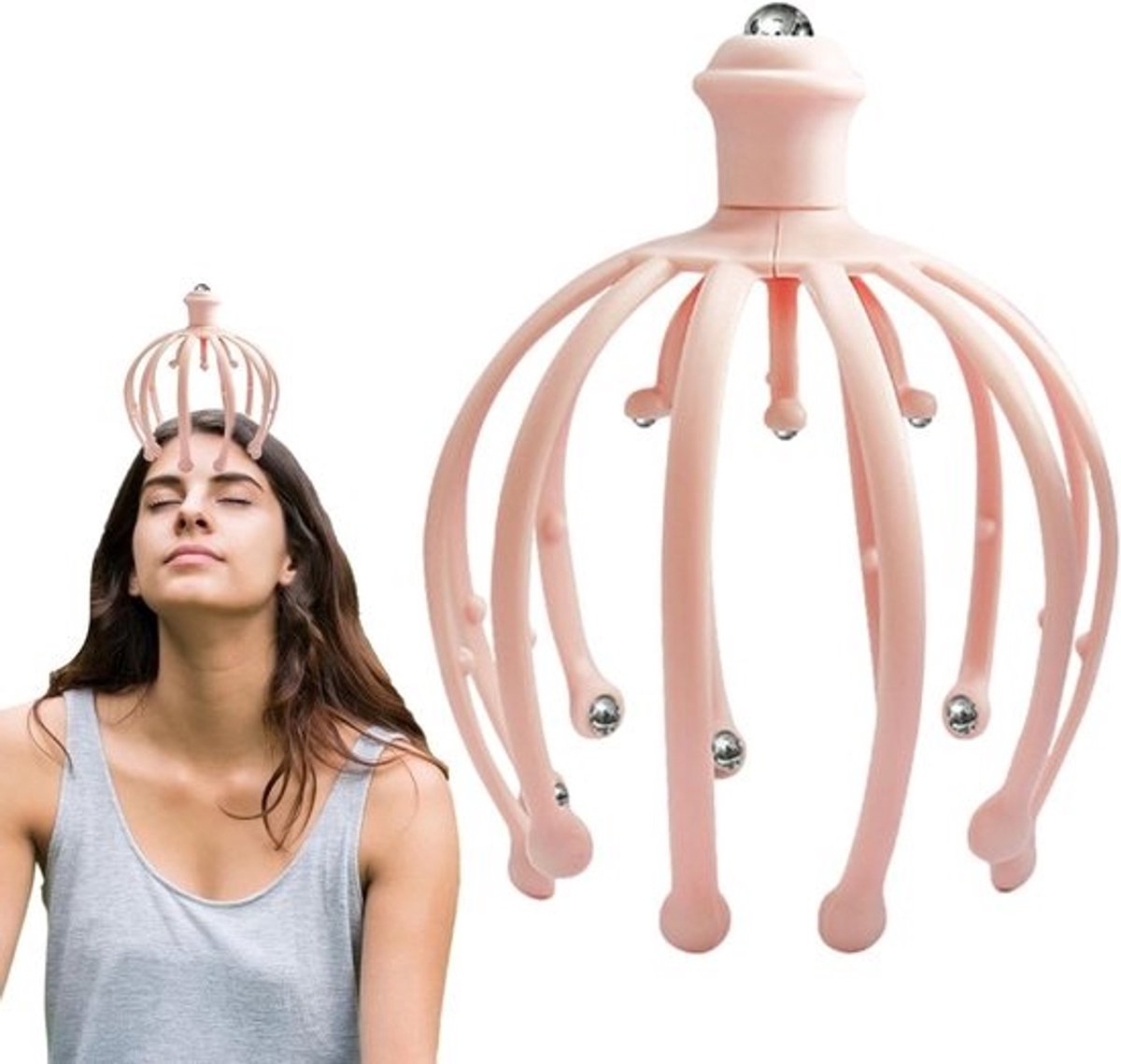 Hoofdmassager Octopus - Hoofdkrabber Massageklauw - Stress Verlichten - Roestvrijstalen Balletjes - 15.8 x 11.6 x 11.3 cm - Lichtroze