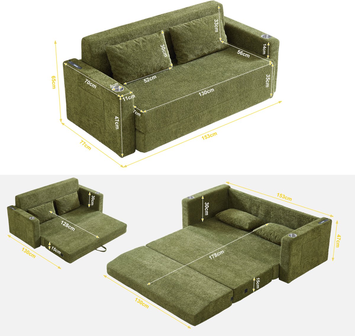 MODENUIT Slaapbank 2-Zits 153 cm - Opklapbaar Met USB-Oplaadfunctie - Voor Woonkamer En Appartement - Velvet Groen