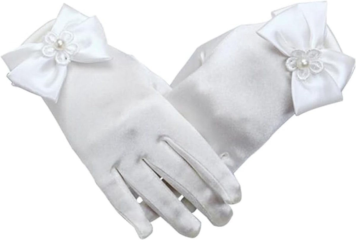 Witte Satijnen Bruids Handschoenen voor Meisjes met Strik en Parels - Perfect voor Communie en Bruiloft