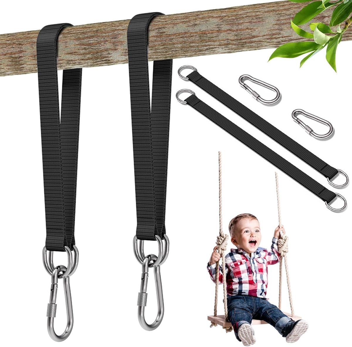 Set van 2 Hangmatbanden met D-Ringen voor Bomen, 50 cm x 25 mm, Sterke Bevestiging voor Hangmatten met Carabiner Haken, Ideaal voor Kamperen en Schommelen