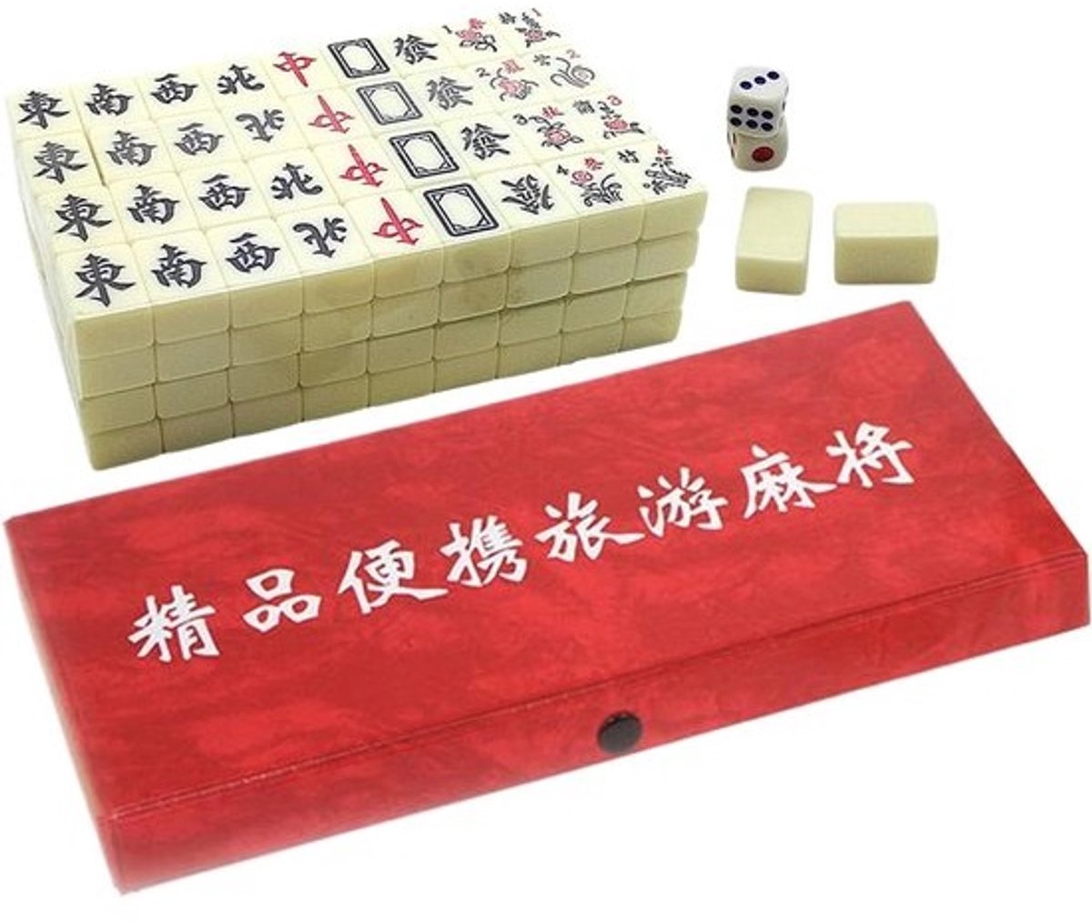 Mahjong Set - Tegelspel - Gezellig Spelen - Compleet met 144 tegels - 4 houders - Rood