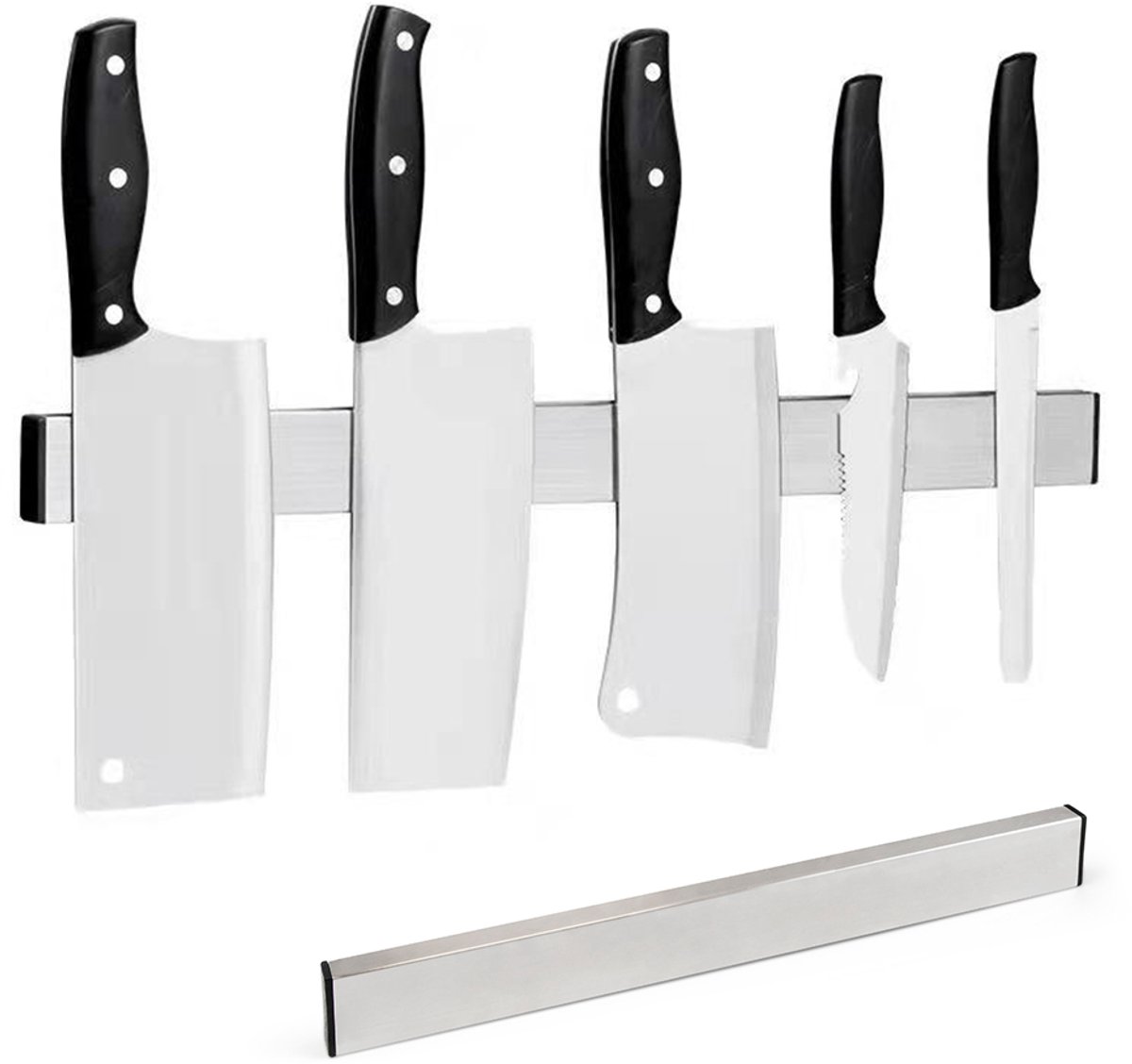 Magnetische messenhouder – Messenhouder zonder boren – Zelfklevende magnetische messenhouder – Magnetisch opbergrek – Keukengerei – Geschikt voor keukens – 400*40*16 mm – 304 roestvrij staal – Zilver