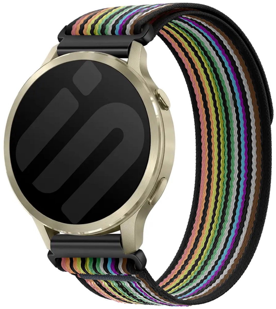 Strap-it Nylon Trail bandje geschikt voor Garmin Vivoactive 6 / 5 / 3 / Vivomove / 3 / HR / Style / Luxe / Sport / Trend / Forerunner 645 / 570 / 245 / 170 / 165 / 70 / 55 / Venu / SQ / SQ2 / 2 Plus / Approach S12 / S40 / S42 / S44 - Zwart/Colourful