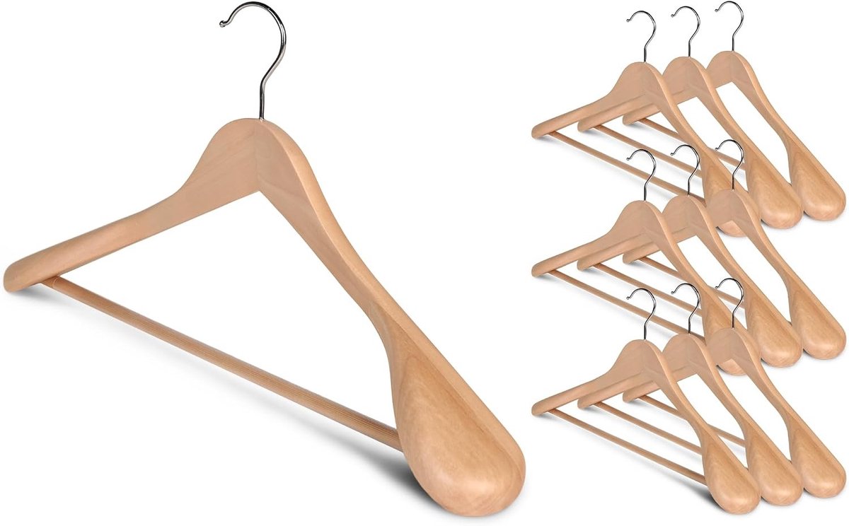 Extra brede houten hangers, 10 stuks, zware kwaliteit voor jassen, broeken en kleding in natuurlijke houtkleur