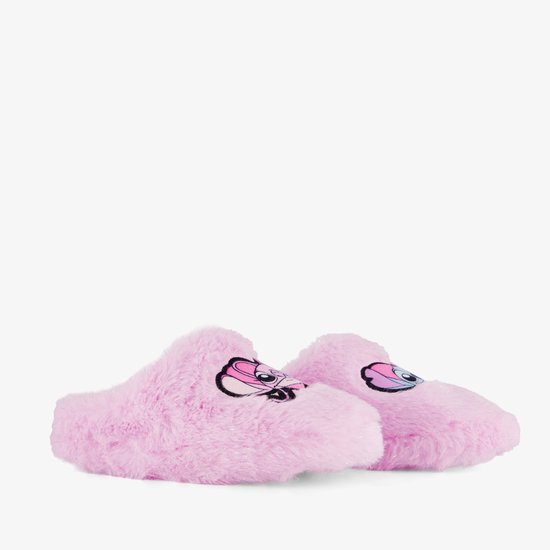 Roze pluizige pantoffels met Stitch en Angel afbeeldingen, zijaanzicht.