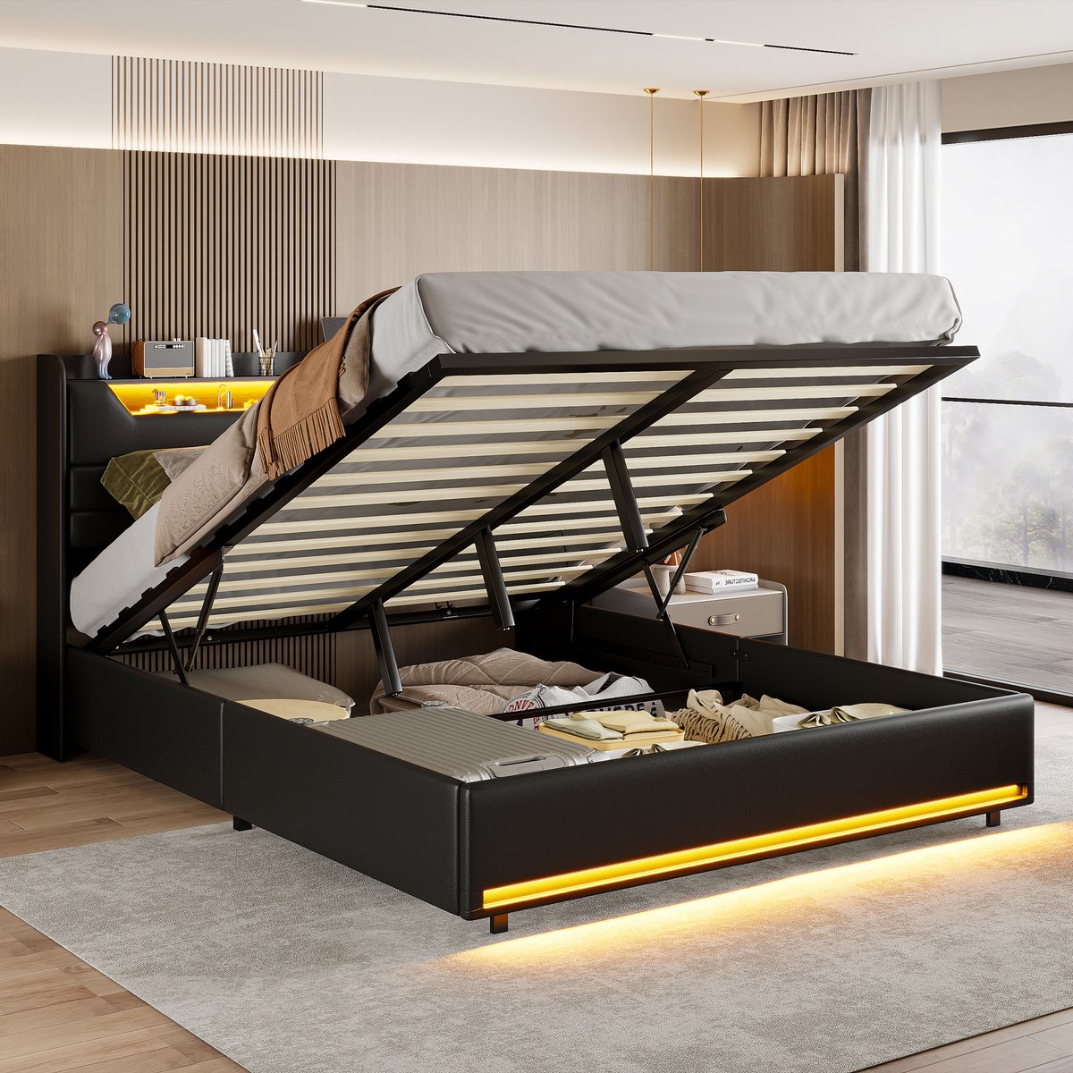 Opbergbed 140x200 cm met ledverlichting, gewatteerd hoofdbord met opbergruimte en USB-oplaadpoort, Tweepersoonsbed met lattenbodem, bedframe 140x200, PU-leer Zwart