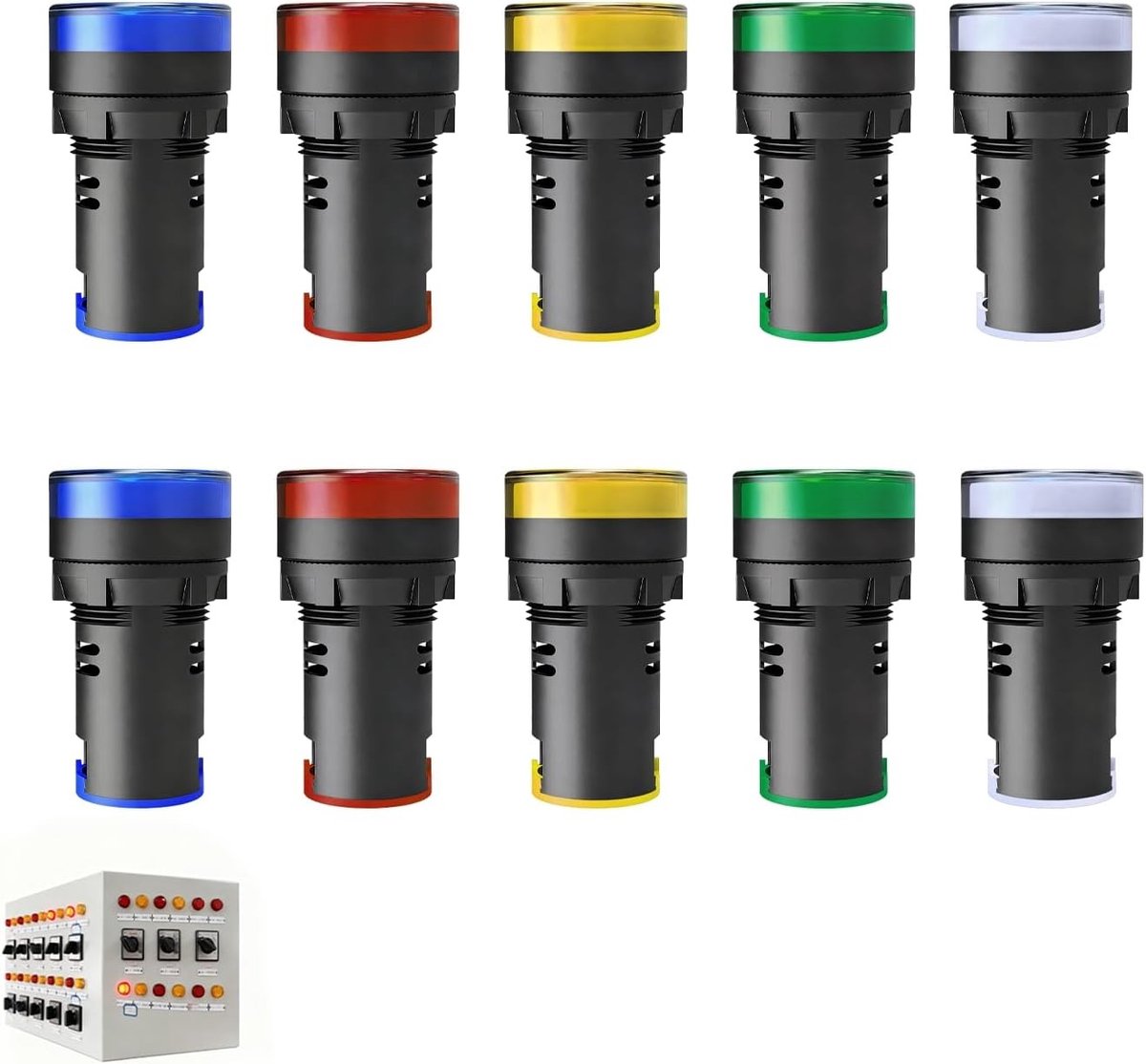Set van 10 Waterdichte LED Indicatoren 22 mm voor 220-380 V AC, Flush-Montage, Diverse Kleuren, Geschikt voor Elektrische Energie en Industriële Toepassingen