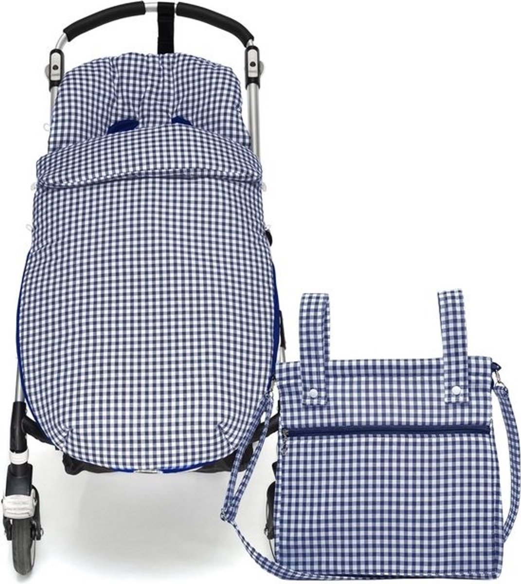 Universele Wandelwagenvoetenzak met Verschoon-/Luiertas - Katoen Geruit Navy Blauw - 4 Seizoenen