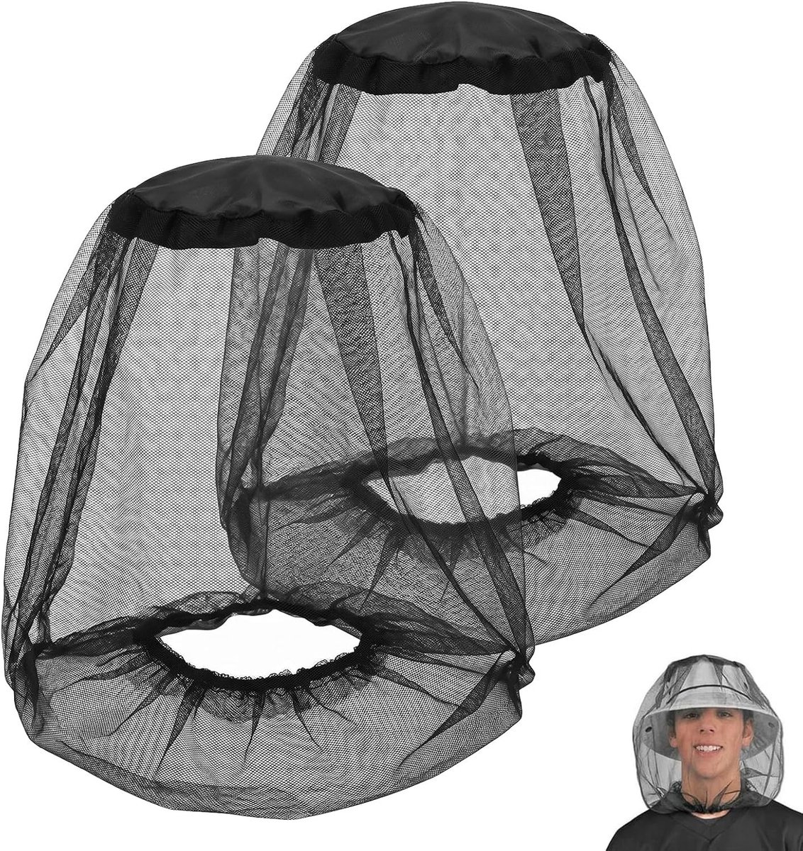 2 Stuks Insectenbescherming Hoofdnets - 70D Nylon Anti-Muggen Net voor Buiten, Wandelen, Vissen en Kamperen - Geschikt voor de Meeste Hoeden, Muggenbescherming, Outdoor Accessoires, Zwart