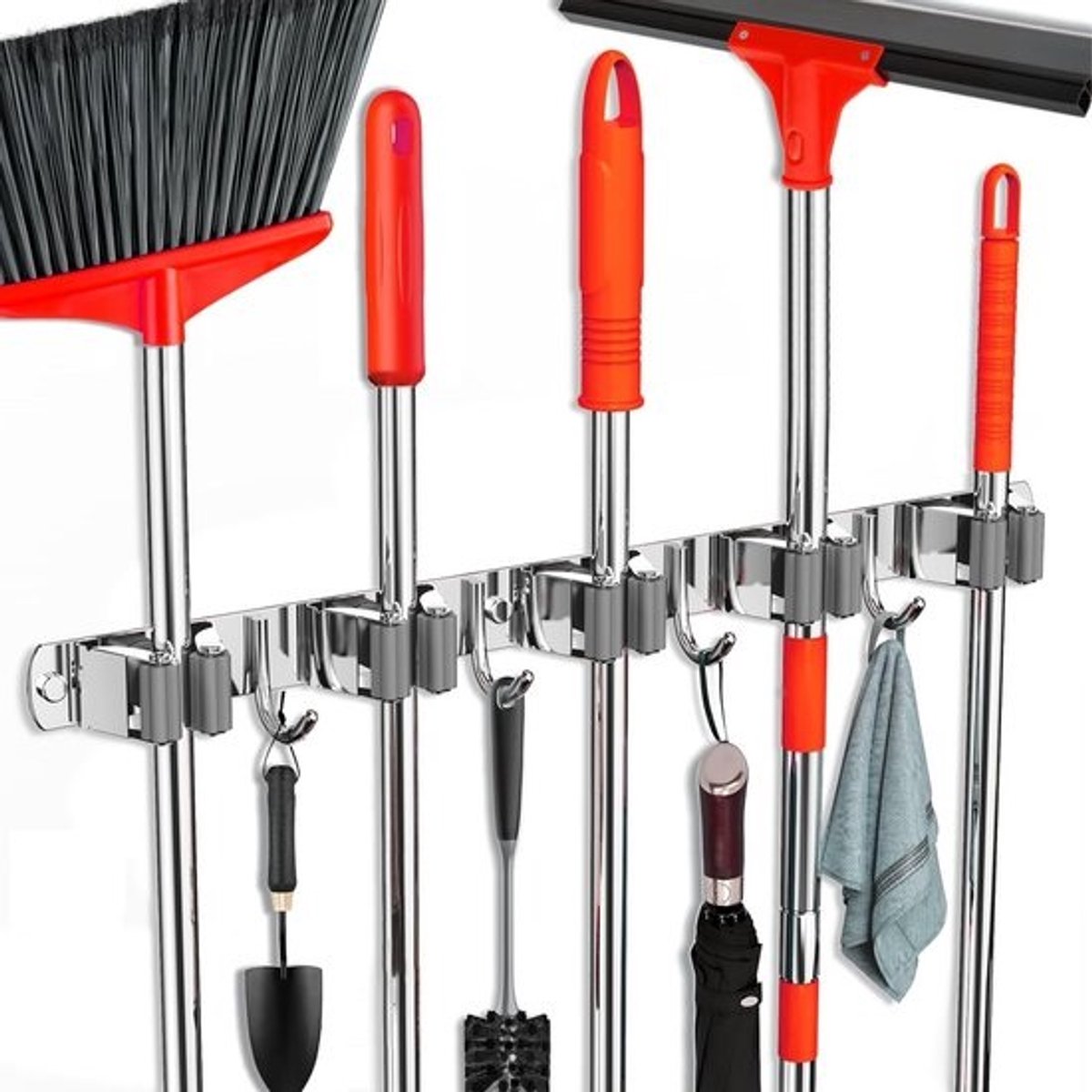 FODARSAI Mop en bezem houder wandmontage, verbeterde bezem hanger wandmontage, roestvrij stalen bezem organizer voor kast garage wasruimte keuken muur decor (5 rekken 4 haken zilver)