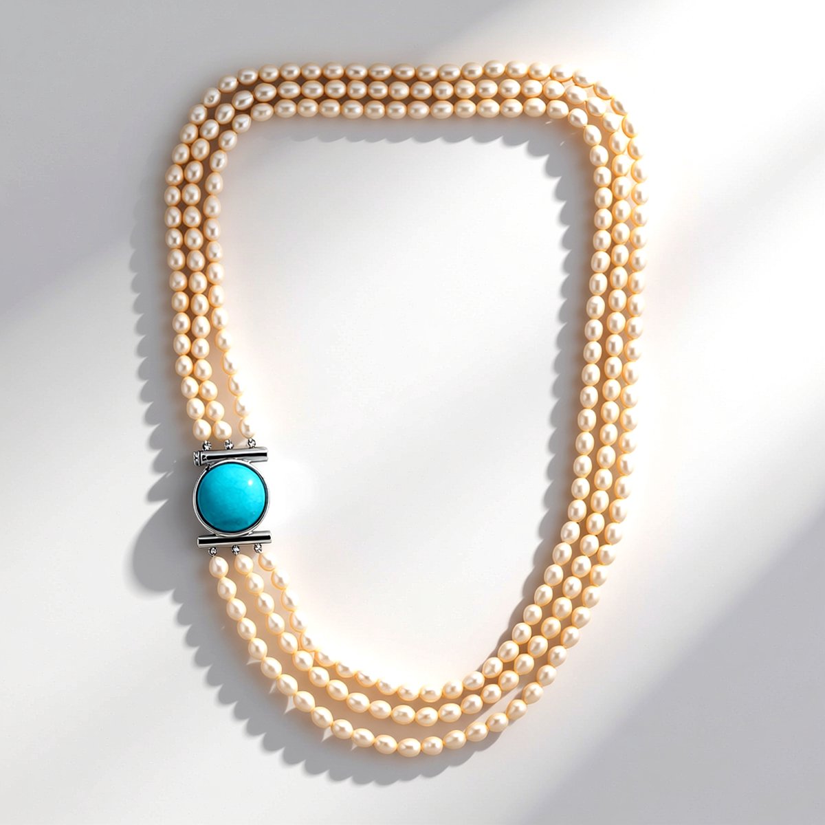 Cavill - Zilveren halsketting 925 sterlingzilver - Amazoniet cabochon 18,35 ct - Witte zoetwaterparels - Elegante meerstrengige chique damesketting