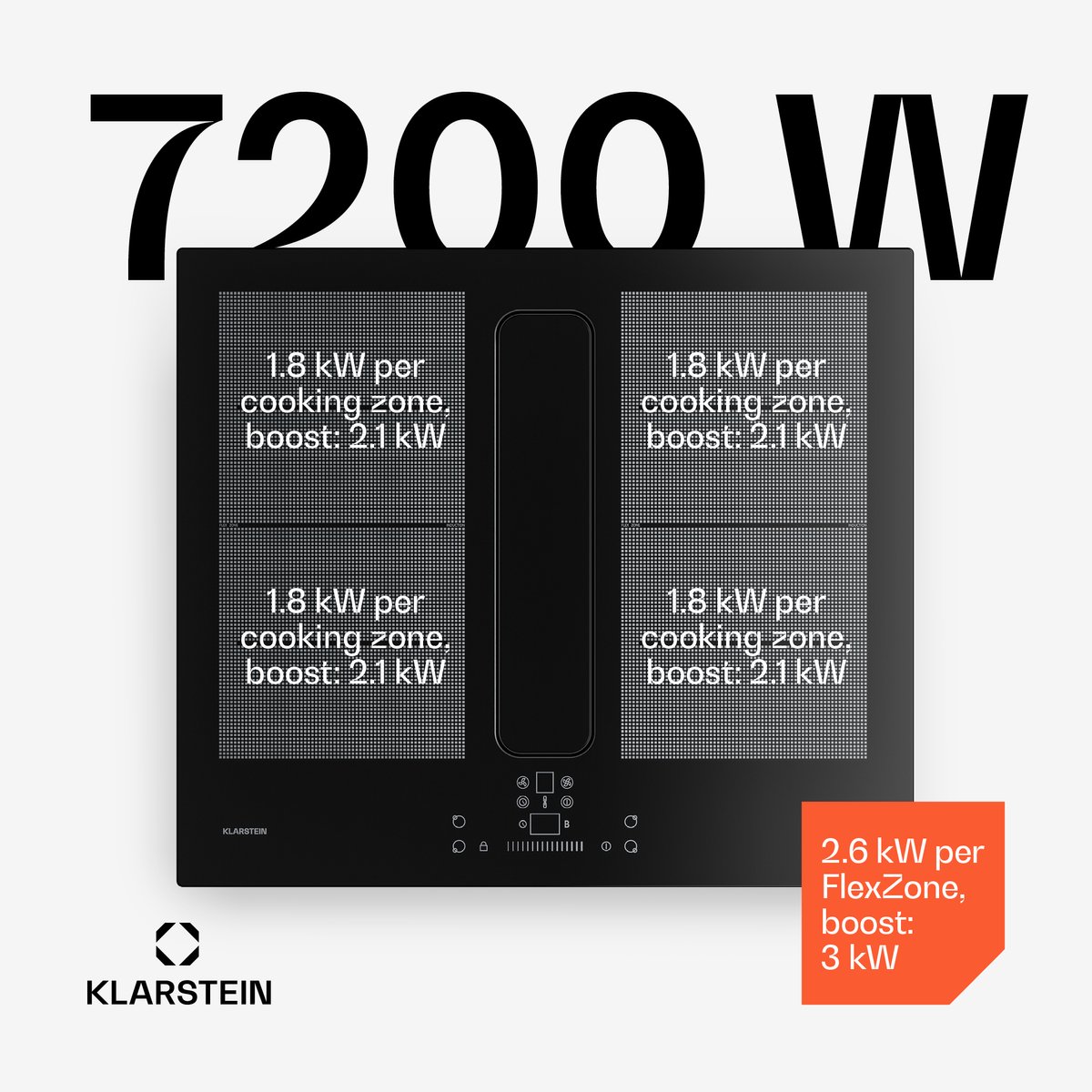 Klarstein ChefFusion inductiekookplaat met afzuiging 60 cm – 4 kookzones, 7200 W, 504,3 m³/u, flexibele kookzones, recirculatie & afvoer