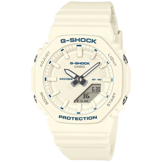 Witte G-Shock polshorloge met blauwe accenten op de wijzerplaat en band. G-Shock en Protection in blauw.