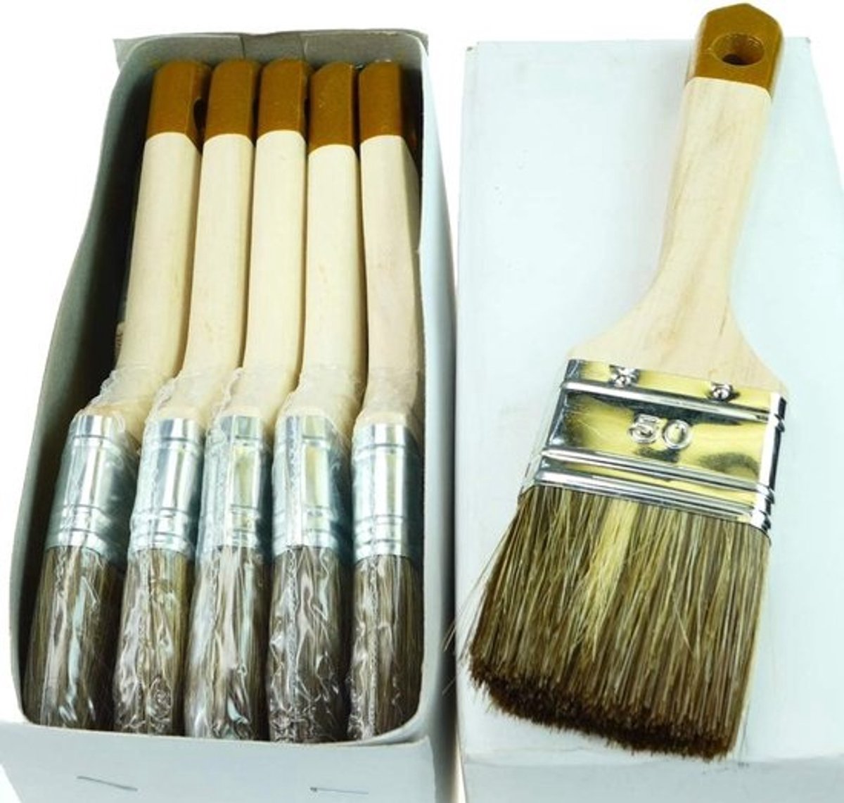 Platte Verfkwasten - Lazuurkwasten Set - Schilderwerk Binnen - Houten Handvat - 50 mm Breed - Bruin