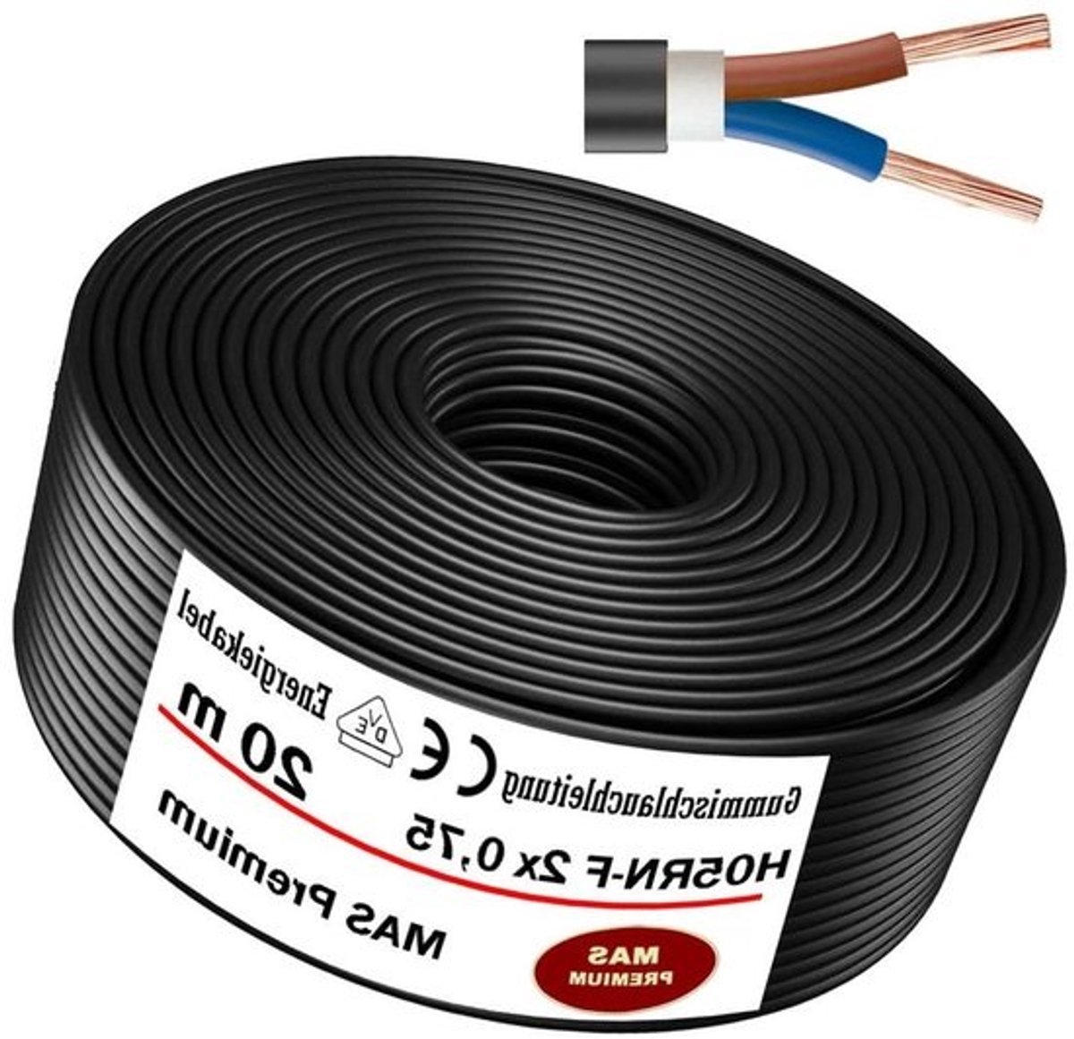 Gummislang Energiekabel - Bouwplaatskabel Flexibele leiding - Apparaten Aansluiten - Voldoet aan VDE-norm - 20 meter - Zwart