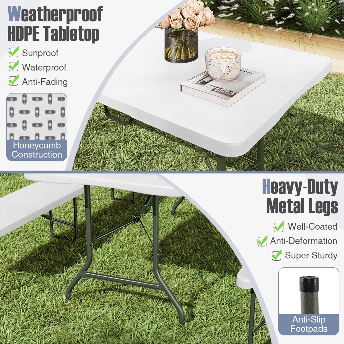 SureDeal® - Kamper - Tuin Tafel Campingtafel - HDPE Tafelblad - Draaghandvat Wit - 180x74x75 cm - Wit