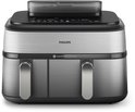 Philips heteluchtfriteuse met dubbele mand, metalen accenten en bedieningspaneel.