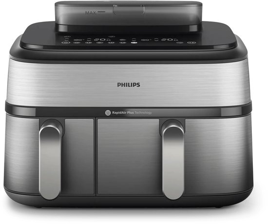 Philips heteluchtfriteuse met dubbele mand, metalen accenten en bedieningspaneel.