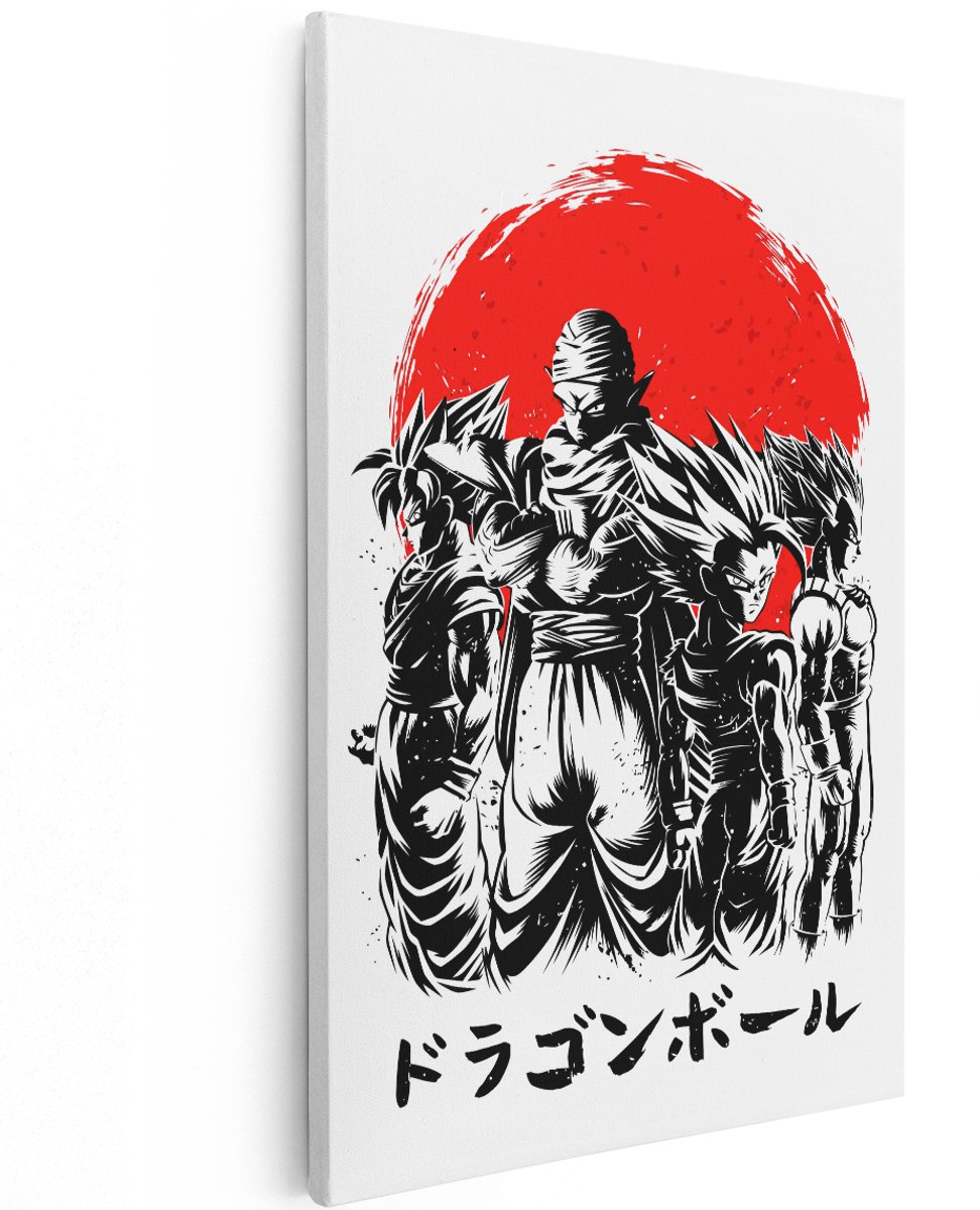 Artaza Canvas Schilderij Dragon Ball Z - 120x180 cm - Groot - Anime Wanddecoratie - Muurdecoratie Japan - Decoratie Zwart Wit - Rode Zon