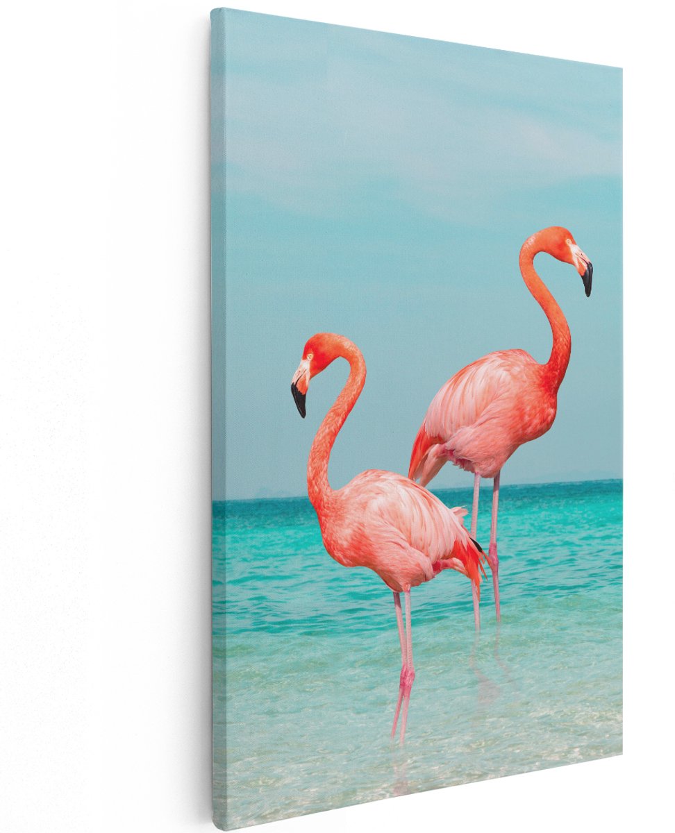 Artaza Canvas Schilderij Twee Flamingo's in het Water - 120x180 cm - Groot - Wanddecoratie Woonkamer - Schilderijen - Muurdecoratie