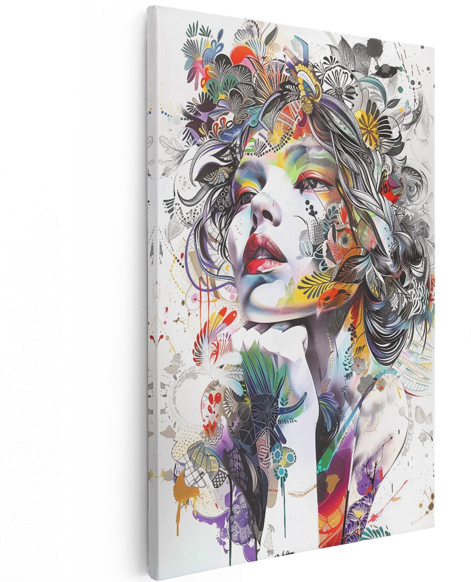 Artaza Canvas Schilderij Vrouw met Kleurrijk Haar en Bloemen - Bloemen - 120x180 cm - Groot - Wanddecoratie Woonkamer - Schilderijen - Muurdecoratie