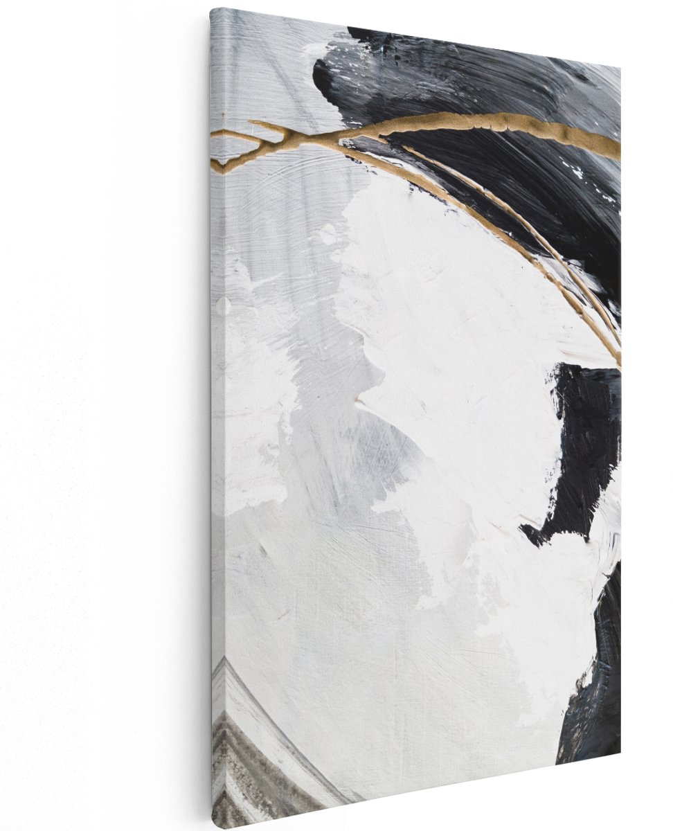 Artaza Canvas Schilderij Abstracte Kunst - Wit met Zwart en Goud - 120x180 cm - Groot - Wanddecoratie Woonkamer - Schilderijen - Muurdecoratie