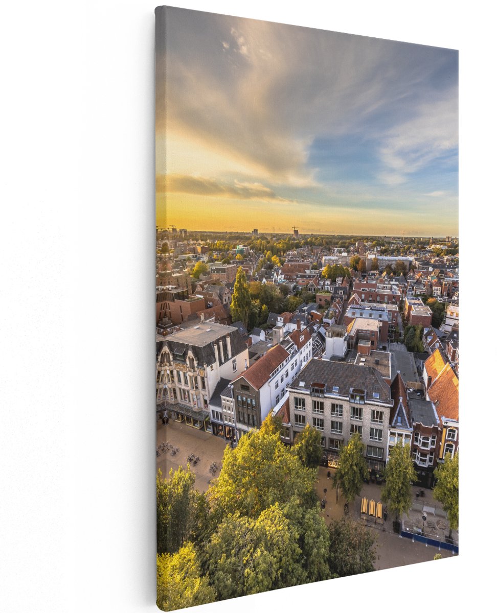 Artaza Canvas Schilderij Groningen Skyline Stad bij Zonsondergang - 120x180 cm - Groot - Wanddecoratie Woonkamer - Schilderijen - Muurdecoratie