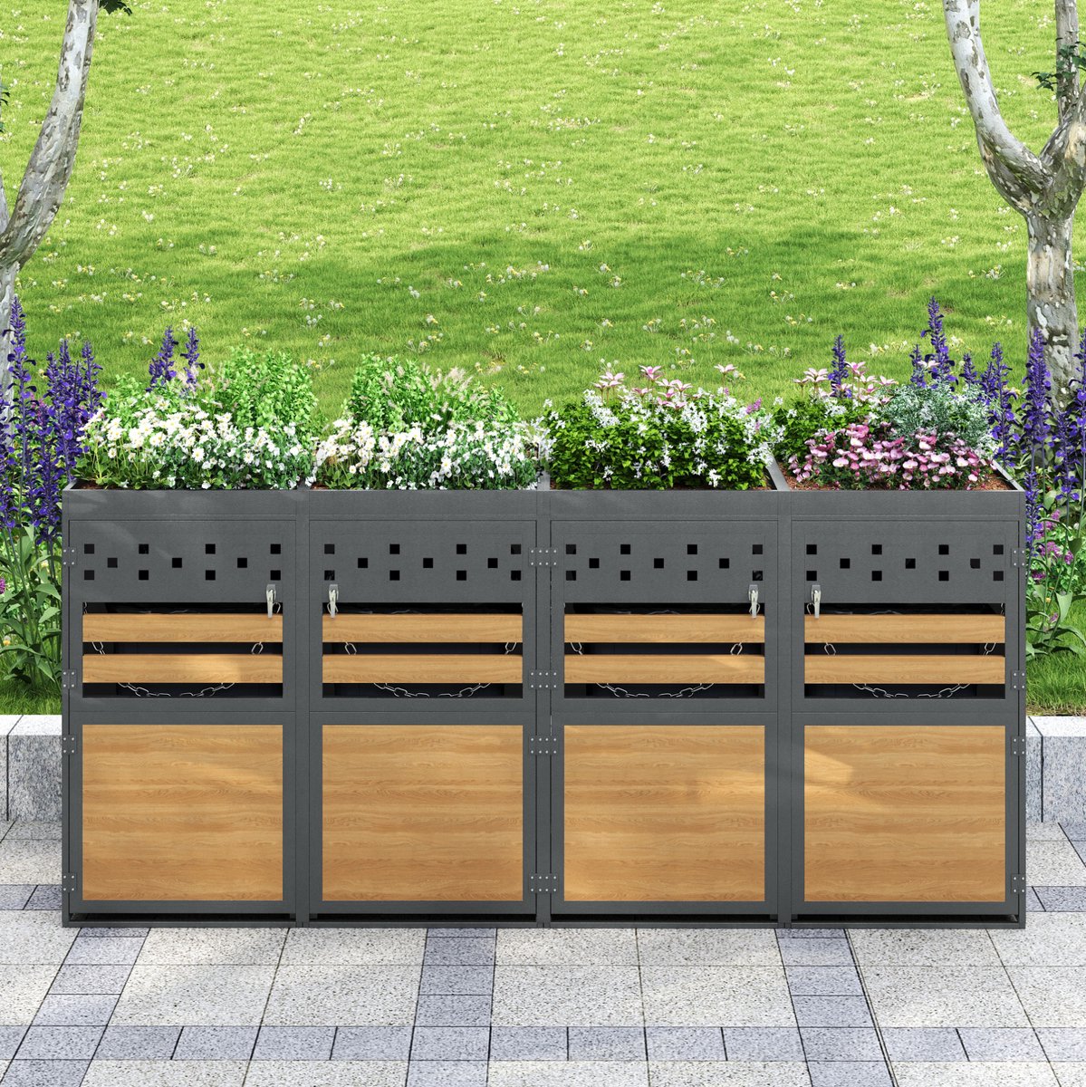 REDOM - Containerberging - Geschikt voor 4 containers van 120-240 liter - Met plantendak en afsluitbare deuren - Verbindbaar - Metaal - Grijs en Natuurlijk - 264 x 80 x 125 cm