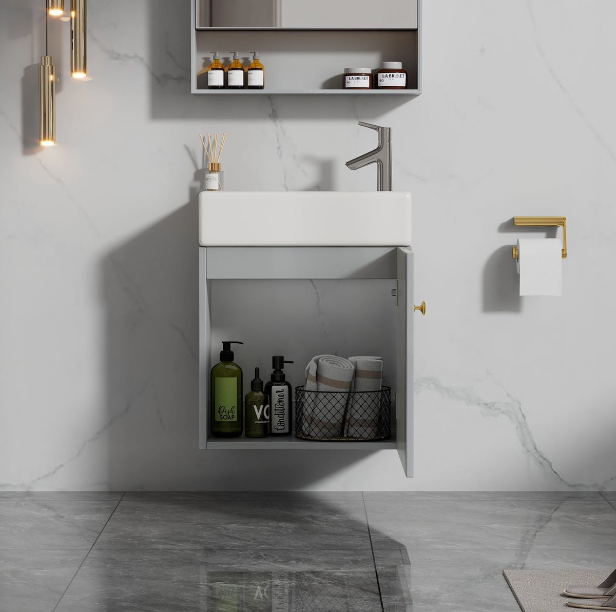 REDOM - Wastafelkast - Wandhangend - Soft-close deur - Modern design - Badkamer en gastentoilet - MDF en keramiek - Grijs en Wit - 46 x 26 x 56 cm