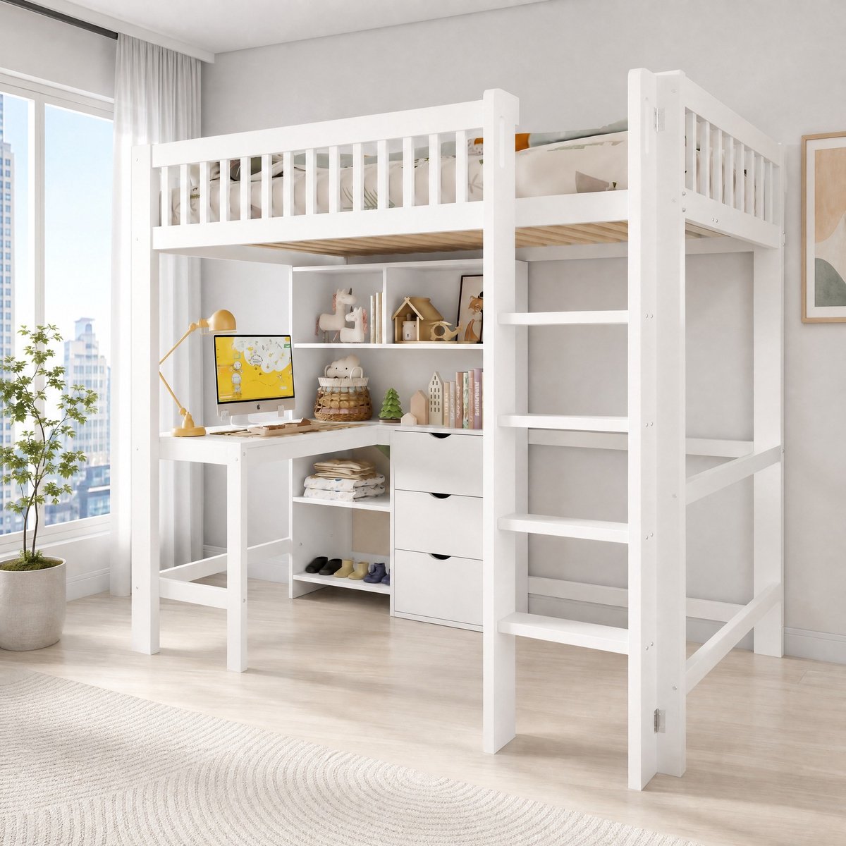 REDOM - Hoogslaper - Met bureau en ladder - Opbergruimte met 3 lades en open vakken - Veiligheidshekje - Kinderen - Hout en MDF - Wit - 90 x 200 cm