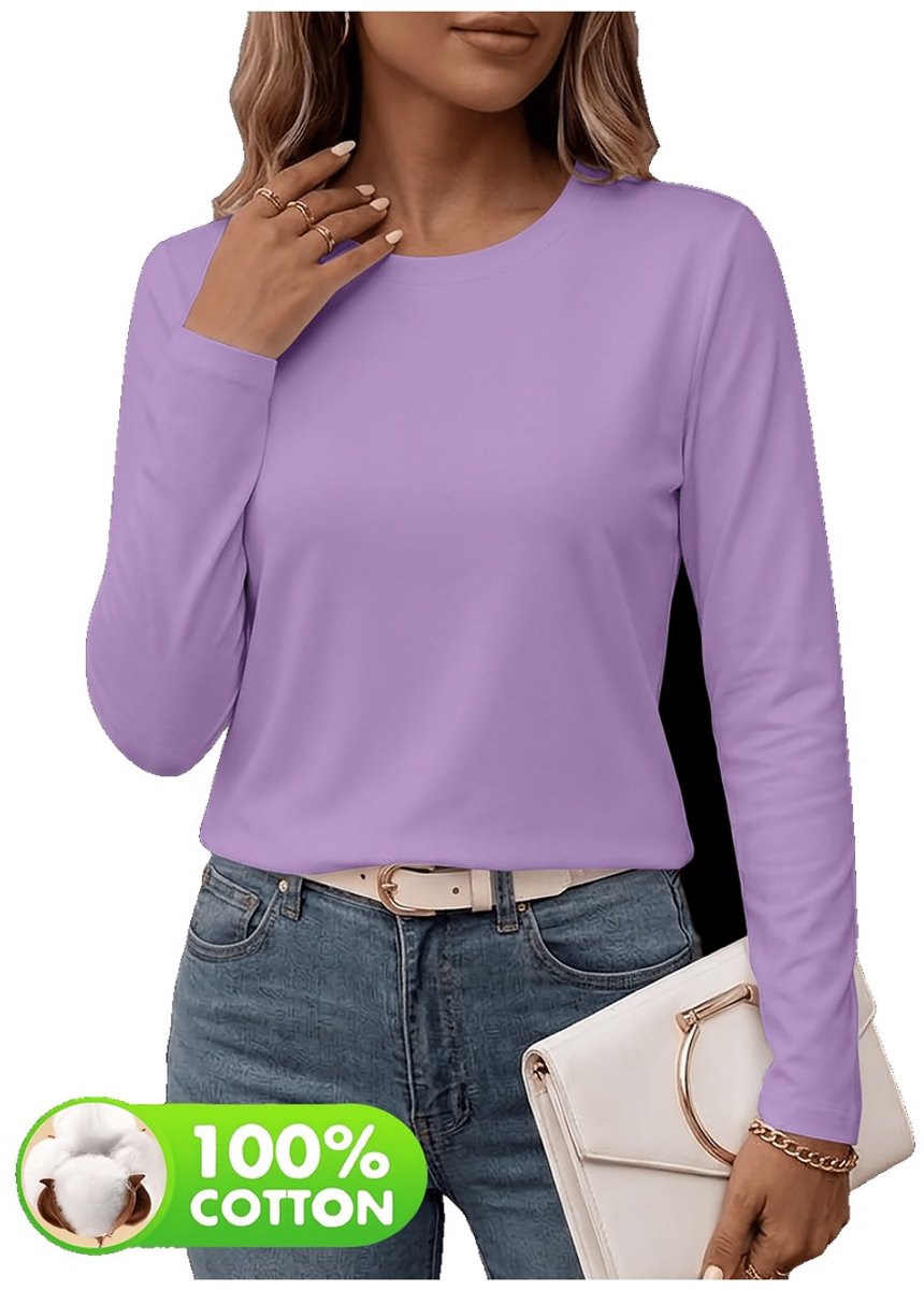 Currero Longsleeve Dames Oversized Lange Mouwen Shirt Roundneck Vrouwen Kleding T-Shirt Paars