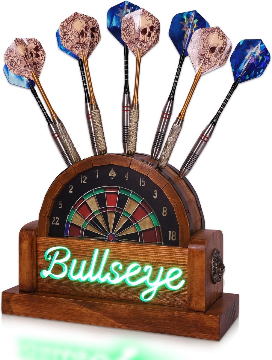 Glanzende Dartstand van Hout met USB Voeding, Geschikt voor 9 Darts, Perfecte Cadeaus voor Dartliefhebbers en Feestelijke Gelegenheden