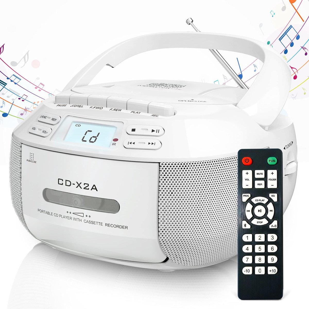 Bobypet - CD speler - Bluetooth boombox - Draagbare radio - twee krachtige luidsprekers - Cassettespeler - Draagbare luidspreker met afstandsbediening - Wit