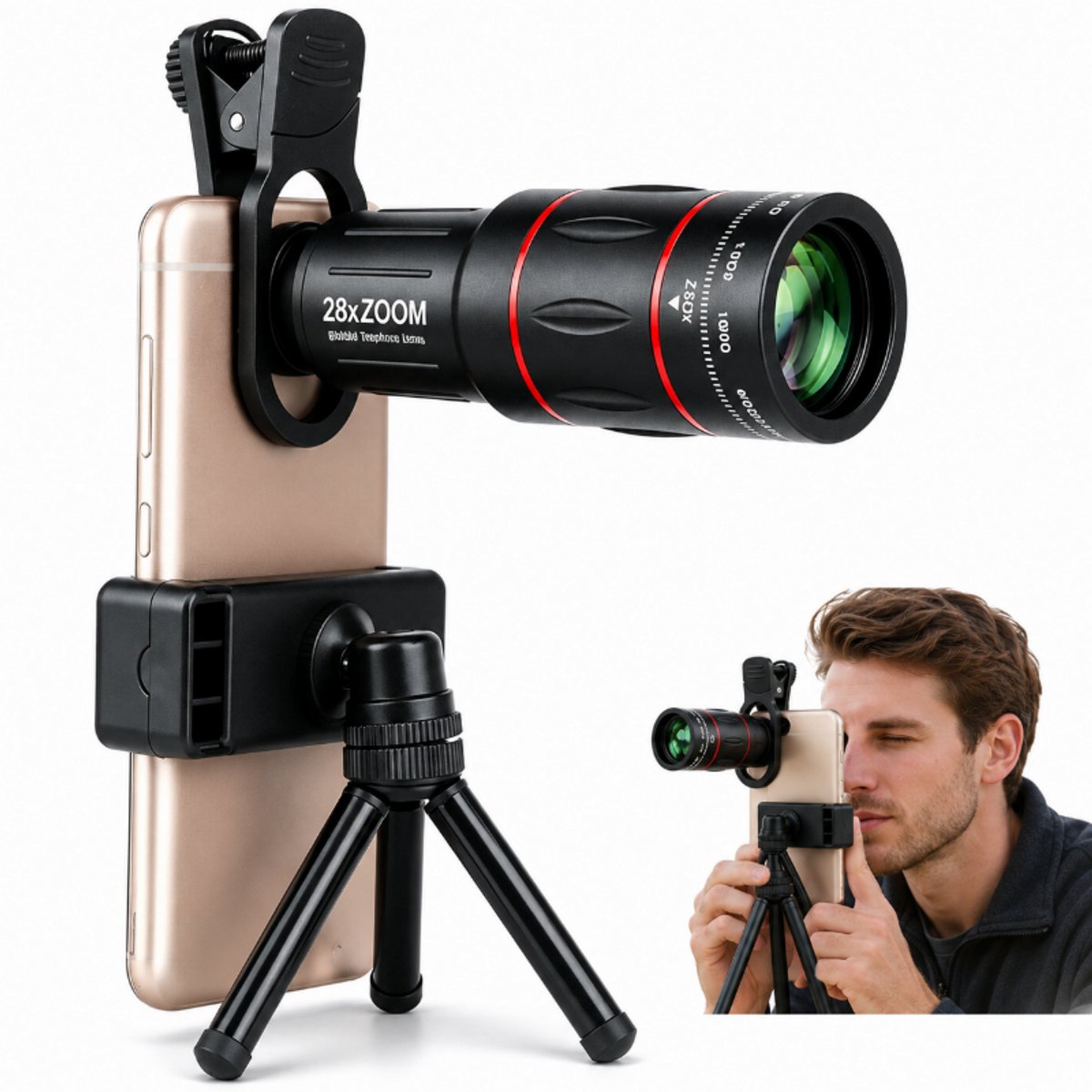 Telescoop -HD Monokijker-Telelens 28x -E-Type Clip, Uitschuifbaar Statief- voor Concerten, Fotografie, Vogels Spotten ,Reizen
