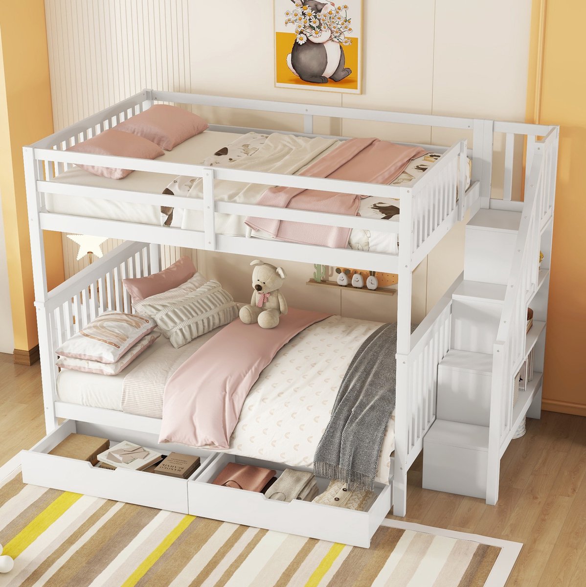 Wishdor Stapelbed 140x200 cm - Hoogslaper met trapopbergers en twee lades - Hoge uitvalbeveiliging - Wit - Kinderkamer - Hout MDF - 240 x 147 x 160.5 cm