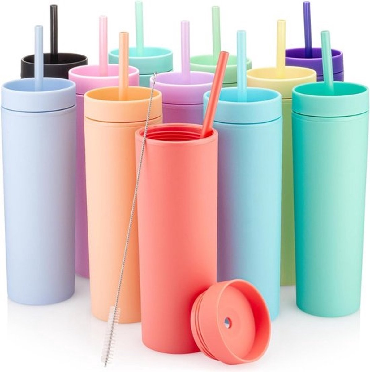 Set van 12 Multicolor Skinny Bekers met Deksel en Rietje - 16oz Dubbelwandige Acryl Tumblers