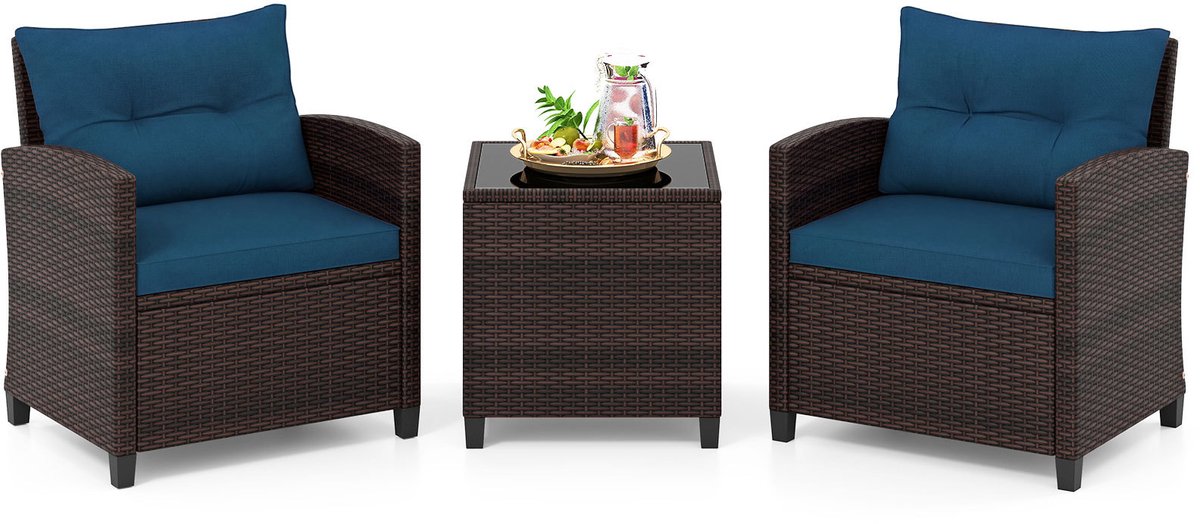 SureDeal® - Tuinset - 3-delige Rotan Bistroset - Stoelen - Tafel - Gehard Glazen Blad - Kussens Loungeset - 67x64x77 cm - Naturel