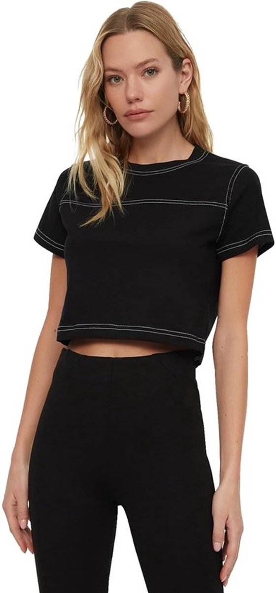 Gebreid T-shirt - Kort Topje - Casual Dagelijks - Eenvoudige Basisvorm - 45 cm Lengte - Zwart
