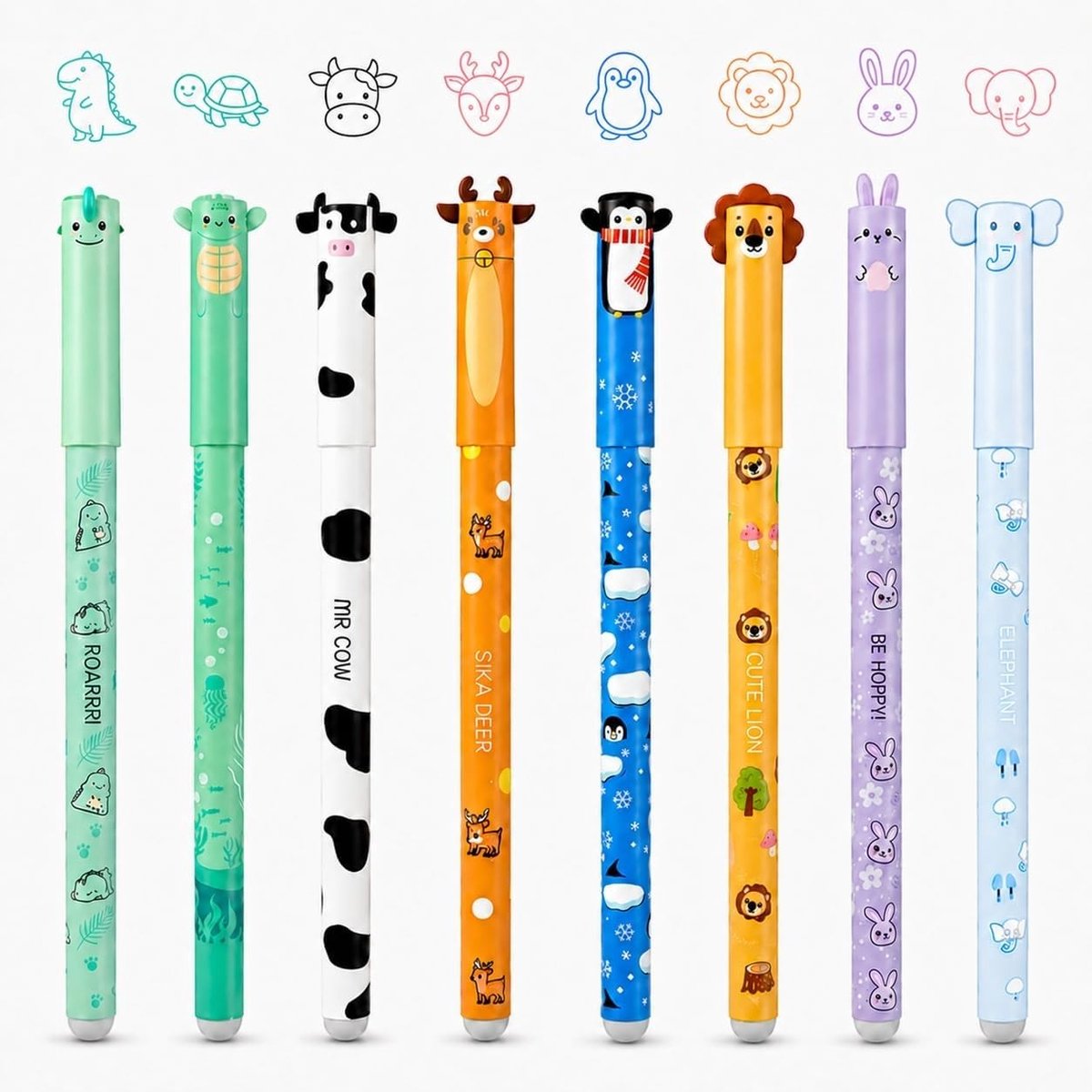 Uitwisbare gelmarkers in 8 kleuren met 0,5 mm punt voor creatief tekenen en kleuren met dierenmotieven