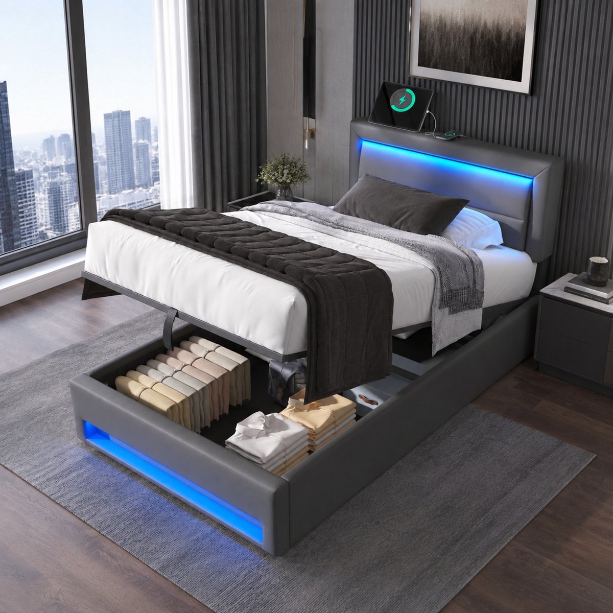 Wishdor Eenpersoonsbed 90 x 190 cm - Ledverlichting en usb - Met opbergruimte en lattenbodem - Modern - Slaapkamer volwassenen - Kunstleer - Grijs