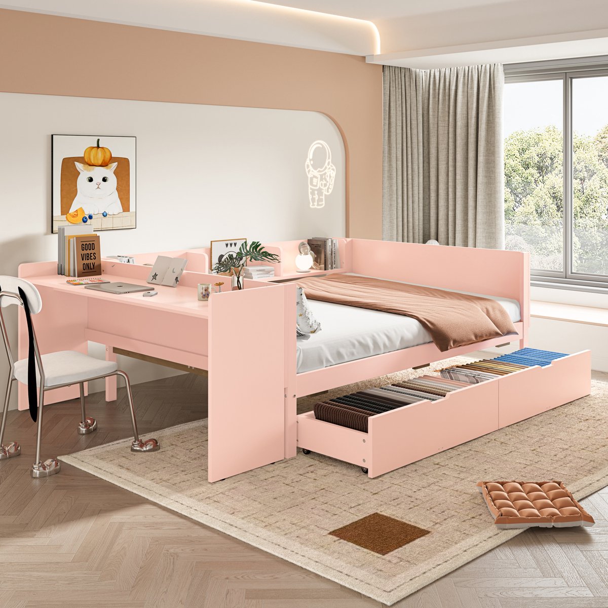 Wishdor Tweepersoonsbed 140x200 cm - Met bureau en 2 lades - Met planken en uitvalbeveiliging - Modern - Slaapkamer studio studentenkamer - Hout en bewerkt hout - Roze