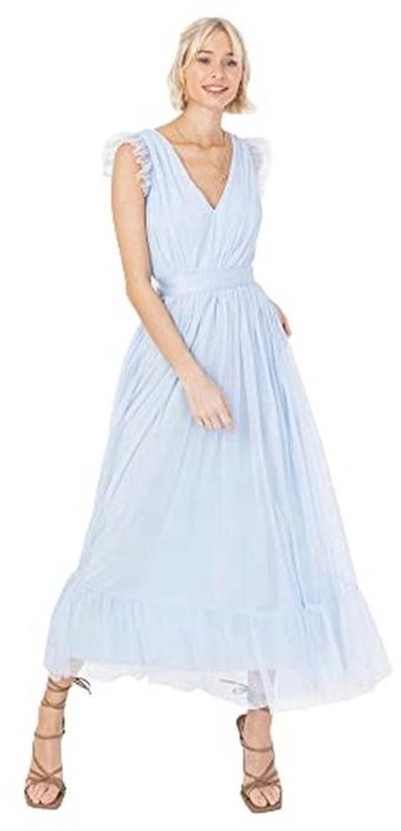 Maxi Jurk V-hals Mouwloze Frilly Voor Bruiloft Gast Bruidsmeisje en Prom Lange Hoge Taille Gelaagd Dames Gekleed